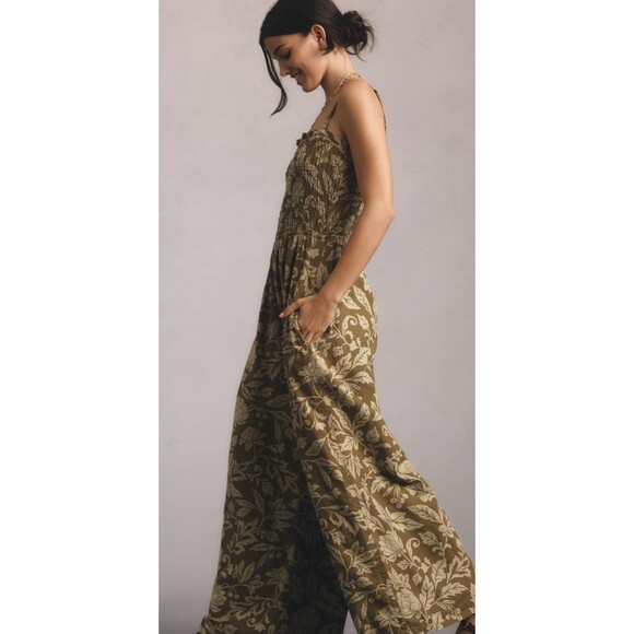 Anthropologie Pilcro Jumpsuit Linen Women Green Floral Smocked Boho Large NWT - Picture 7 of 13